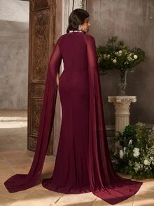 Aureia Plus Size Classy Beaded Rhinestone Diamond Satin Ruched Sleeveless Fishtail Skirt Wedding Formal Prom Dinner Ball Gown Burgundy Sequin Winter - Burgundy - View 5