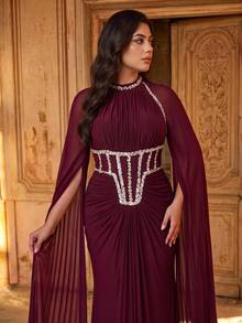 Aureia Plus Size Classy Beaded Rhinestone Diamond Satin Ruched Sleeveless Fishtail Skirt Wedding Formal Prom Dinner Ball Gown Burgundy Sequin Winter - Burgundy - View 8