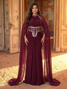 Aureia Plus Size Classy Beaded Rhinestone Diamond Satin Ruched Sleeveless Fishtail Skirt Wedding Formal Prom Dinner Ball Gown Burgundy Sequin Winter - Burgundy - View 9