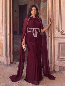Aureia Plus Size Classy Beaded Rhinestone Diamond Satin Ruched Sleeveless Fishtail Skirt Wedding Formal Prom Dinner Ball Gown Burgundy Sequin Winter - Burgundy - View 2