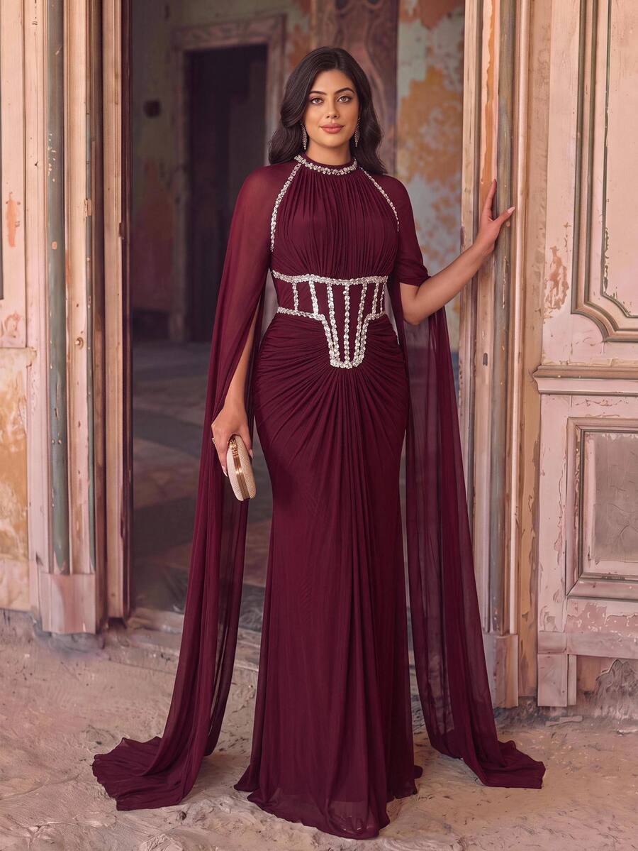 Aureia Plus Size Classy Beaded Rhinestone Diamond Satin Ruched Sleeveless Fishtail Skirt Wedding Formal Prom Dinner Ball Gown Burgundy Sequin Winter