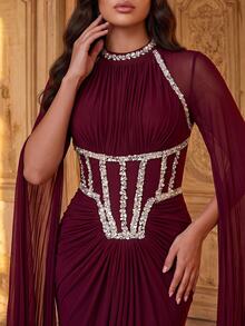Aureia Plus Size Classy Beaded Rhinestone Diamond Satin Ruched Sleeveless Fishtail Skirt Wedding Formal Prom Dinner Ball Gown Burgundy Sequin Winter - Burgundy - View 3