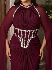 Aureia Plus Size Classy Beaded Rhinestone Diamond Satin Ruched Sleeveless Fishtail Skirt Wedding Formal Prom Dinner Ball Gown Burgundy Sequin Winter - Burgundy - View 6