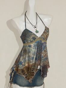 SHEIN ICON Women's Paisley Patchwork Print Vintage Cropped Flowy Top, Cute Sexy Boho Bohemian Hippie Clothing Scarf Vacation Blue Grey Summer - Brown - View 5