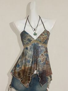 SHEIN ICON Women's Paisley Patchwork Print Vintage Cropped Flowy Top, Cute Sexy Boho Bohemian Hippie Clothing Scarf Vacation Blue Grey Summer - Brown - View 3