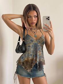 SHEIN ICON Women's Paisley Patchwork Print Vintage Cropped Flowy Top, Cute Sexy Boho Bohemian Hippie Clothing Scarf Vacation Blue Grey Summer - Brown - View 1