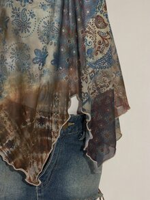 SHEIN ICON Women's Paisley Patchwork Print Vintage Cropped Flowy Top, Cute Sexy Boho Bohemian Hippie Clothing Scarf Vacation Blue Grey Summer - Brown - View 7