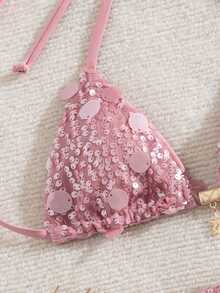 SHEIN Swim 新款女款優雅性感輕盈復古Y2K可愛波希米亞甜美學院風紅粉條紋三角比基尼海灘派對夏季 - 粉色 - 查看 6