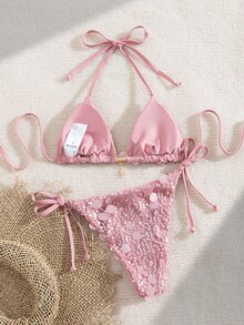 SHEIN Swim 新款女款優雅性感輕盈復古Y2K可愛波希米亞甜美學院風紅粉條紋三角比基尼海灘派對夏季 - 粉色 - 查看 5