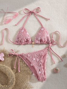SHEIN Swim 新款女款優雅性感輕盈復古Y2K可愛波希米亞甜美學院風紅粉條紋三角比基尼海灘派對夏季 - 粉色 - 查看 2