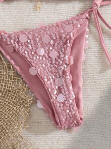 SHEIN Swim 新款女款優雅性感輕盈復古Y2K可愛波希米亞甜美學院風紅粉條紋三角比基尼海灘派對夏季 - 粉色 - 查看 7