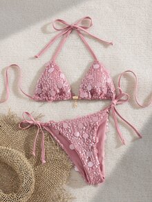 SHEIN Swim 新款女款優雅性感輕盈復古Y2K可愛波希米亞甜美學院風紅粉條紋三角比基尼海灘派對夏季 - 粉色 - 查看 4