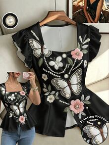 Selianne 女款方領黑色花卉印花荷葉袖上衣，高端設計上衣，優雅浪漫，適合情人節、復活節、早午餐、夏季 - 黑色 - 查看 1