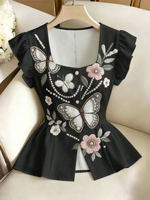 Selianne 女款方領黑色花卉印花荷葉袖上衣，高端設計上衣，優雅浪漫，適合情人節、復活節、早午餐、夏季 - 黑色 - 查看 4