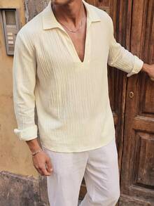 HIMLAND Camisa de unicolor casual versátil para uso diario para hombres - Albaricoque - Ver 3