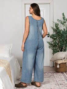 SHEIN EMERY ROSE CURVE 大尺碼休閒無袖牛仔連身褲，適合度假，秋冬款 - 藍色 - 查看 2