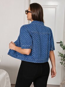 EMERY ROSE EMERY ROSE Plus Size Summer Casual Baggy Traditional Western Petal Sleeve Denim Top Fall/Winter Going Out Evening Beach Formal Vacation Birthday Blue White - Blue - View 3
