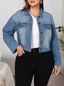 EMERY ROSE EMERY ROSE Plus Size Women's Single-Breasted Casual Denim Top For Daily Wear Fall/Winter - Blue - View 5