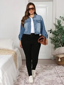 EMERY ROSE EMERY ROSE Plus Size Women's Single-Breasted Casual Denim Top For Daily Wear Fall/Winter - Blue - View 3