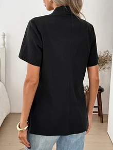 SHEIN LUNE 休閒女款短袖棉質西裝外套，適合秋冬與夏季穿著 - 黑色 - 查看 2