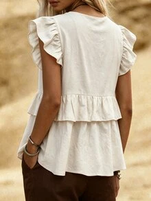 Zayélia 女款V領荷葉袖上衣，優雅奶奶風休閒百搭上衣，適合日常出遊、旅行、度假夏季穿著 - 杏色 - 查看 3