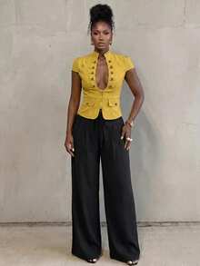 BamGlimmer Mustard Yellow Stand Collar Deep V-Neck Zipper Design Elegant Fashion Commute Work Versatile Top Summer - Yellow - View 8