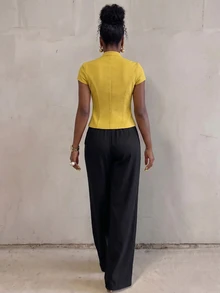 BamGlimmer Mustard Yellow Stand Collar Deep V-Neck Zipper Design Elegant Fashion Commute Work Versatile Top Summer - Yellow - View 3