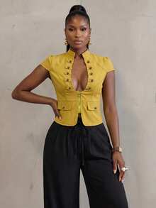 BamGlimmer Mustard Yellow Stand Collar Deep V-Neck Zipper Design Elegant Fashion Commute Work Versatile Top Summer - Yellow - View 5
