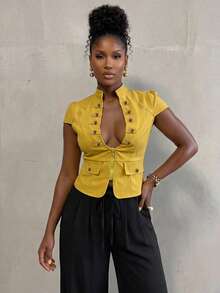 BamGlimmer Mustard Yellow Stand Collar Deep V-Neck Zipper Design Elegant Fashion Commute Work Versatile Top Summer - Yellow - View 7