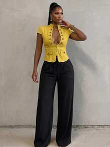 BamGlimmer Mustard Yellow Stand Collar Deep V-Neck Zipper Design Elegant Fashion Commute Work Versatile Top Summer - Yellow - View 9