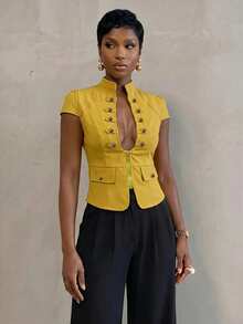 BamGlimmer Mustard Yellow Stand Collar Deep V-Neck Zipper Design Elegant Fashion Commute Work Versatile Top Summer - Yellow - View 6