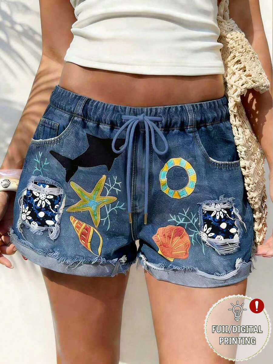 女款海岸度假海灘風藍色海星貝殼動物圖案拼接抽繩短褲 2026夏季外出穿搭 - 彩色 - 查看 1