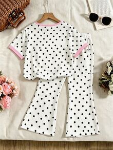 SHEIN Elladie kids [2件組]4-7歲女童可愛甜美風 粉色側邊直條紋＋黑色波點白底印花短袖T恤搭配喇叭長褲，輕便休閒套裝，適合日常穿著/上學/休閒出遊，春夏秋季適用 - 彩色 - 查看 4