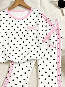 SHEIN Elladie kids [2件組]4-7歲女童可愛甜美風 粉色側邊直條紋＋黑色波點白底印花短袖T恤搭配喇叭長褲，輕便休閒套裝，適合日常穿著/上學/休閒出遊，春夏秋季適用 - 彩色 - 查看 3
