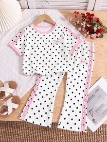 SHEIN Elladie kids [2件組]4-7歲女童可愛甜美風 粉色側邊直條紋＋黑色波點白底印花短袖T恤搭配喇叭長褲，輕便休閒套裝，適合日常穿著/上學/休閒出遊，春夏秋季適用 - 彩色 - 查看 2