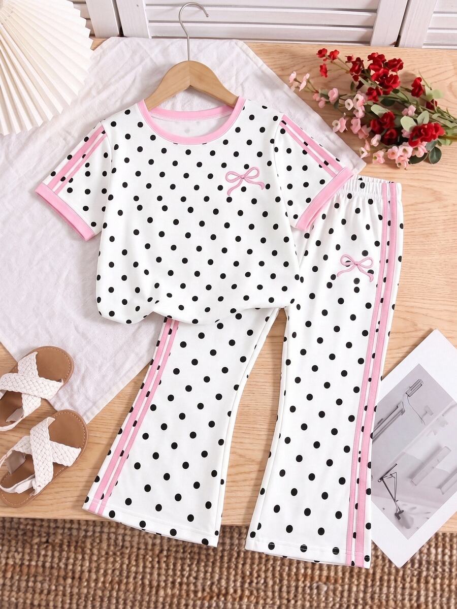 SHEIN Elladie kids [2件組]4-7歲女童可愛甜美風 粉色側邊直條紋＋黑色波點白底印花短袖T恤搭配喇叭長褲，輕便休閒套裝，適合日常穿著/上學/休閒出遊，春夏秋季適用