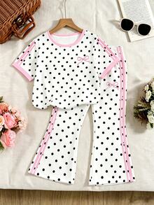 SHEIN Elladie kids [2件組]4-7歲女童可愛甜美風 粉色側邊直條紋＋黑色波點白底印花短袖T恤搭配喇叭長褲，輕便休閒套裝，適合日常穿著/上學/休閒出遊，春夏秋季適用 - 彩色 - 查看 6