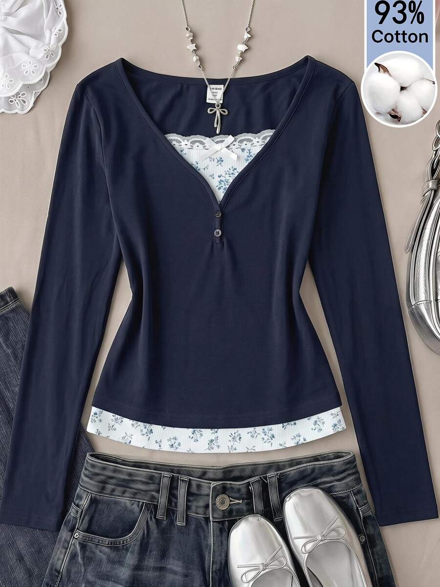 SHEIN Teen Girl Patchwork Floral Lace 2 In 1 Long Sleeve T-Shirt - Multicolor - View 1