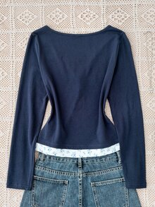 SHEIN 青少年女孩拼接花卉蕾絲 2合1長袖T恤 - 彩色 - 查看 2