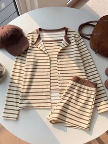 Tween Girl Striped Long Sleeve T-Shirt & Cami Shorts Set - Multicolor - View 6