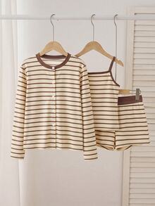 Tween Girl Striped Long Sleeve T-Shirt & Cami Shorts Set - Multicolor - View 4