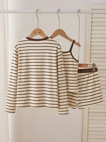 Tween Girl Striped Long Sleeve T-Shirt & Cami Shorts Set - Multicolor - View 5