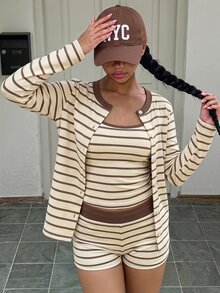 Tween Girl Striped Long Sleeve T-Shirt & Cami Shorts Set - Multicolor - View 1