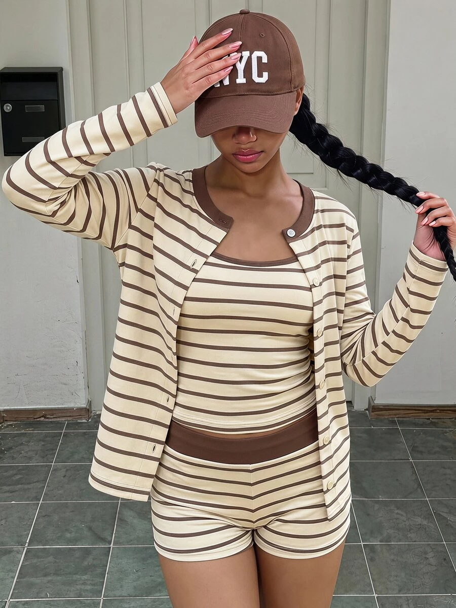 Tween Girl Striped Long Sleeve T-Shirt & Cami Shorts Set - Multicolor - View 1