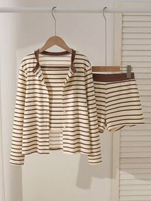 Tween Girl Striped Long Sleeve T-Shirt & Cami Shorts Set - Multicolor - View 3