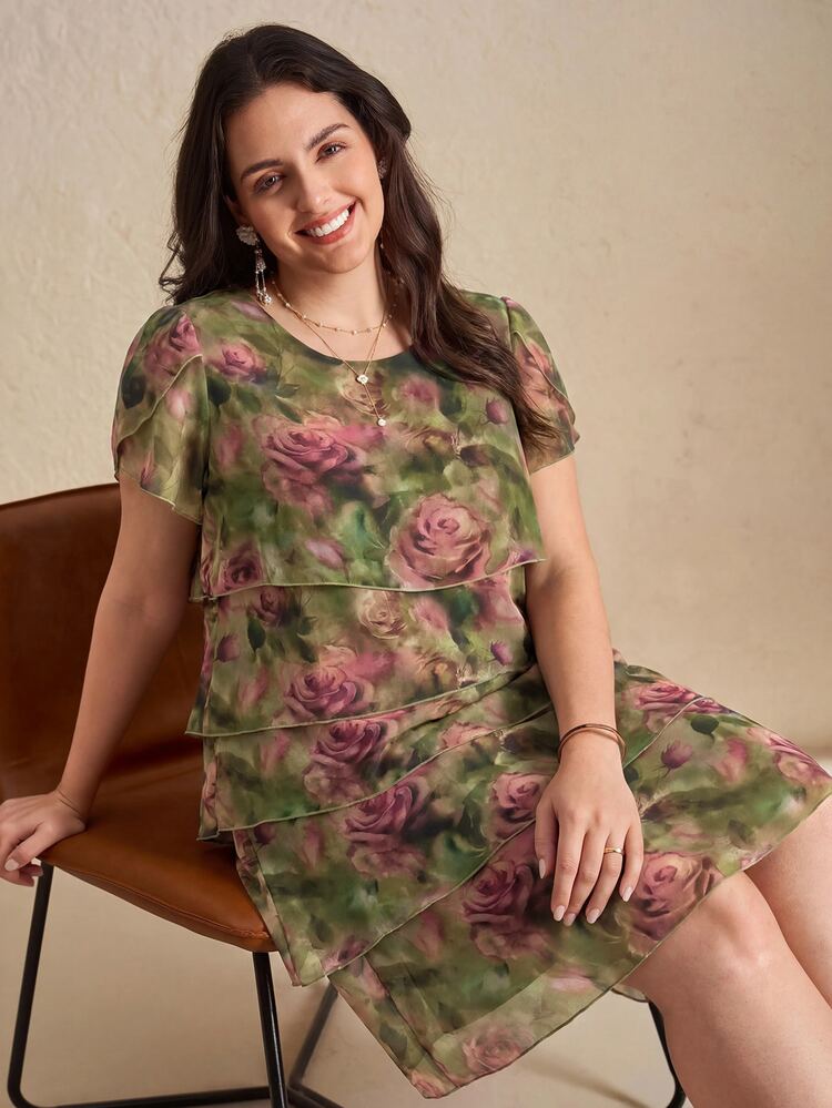 Reflora Plus Size Women's Floral Pattern Round Neck Petal Short Sleeve Loose Fit Dress Wedding Evening Formal Mother Of The Bride Green Summer Elegant - Black - View 6