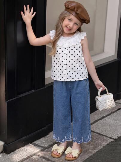 SHEIN Elladie kids Young Girl 2 Pieces Outfit, Sweet Polka Dot Lace Ruffle Collar Sleeveless Button‑Down Top & Embroidery Hem Denim Wide Leg Pants Set, Summer Daily