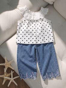 SHEIN Elladie kids 女童2件套套裝，甜美波點蕾絲荷葉領無袖鈕扣上衣 & 刺繡下擺牛仔寬腿褲套裝，夏季日常穿搭 - 白色 - 查看 5