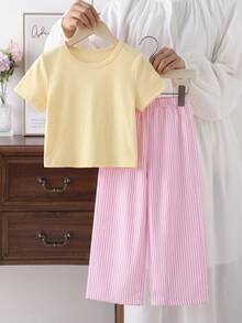 SHEIN Young Girls Light Yellow Short Sleeve Top With Pink Striped Wide Leg Pants, 2-Piece Set Suitable For Outings, Travel And Back To School Season - Pink - View 5