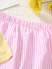 SHEIN Young Girls Light Yellow Short Sleeve Top With Pink Striped Wide Leg Pants, 2-Piece Set Suitable For Outings, Travel And Back To School Season - Pink - View 7